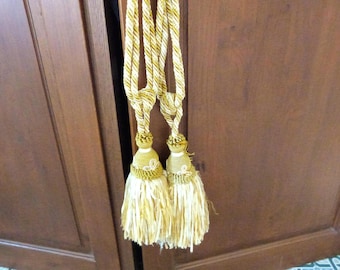 Vintage pair French yellow ecru curtain drapery tieback tie back tassel holdbacks w woven design, decorative tassels home decor