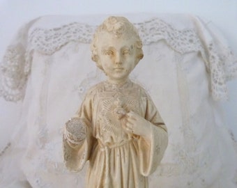 Antique French infant of Prague religious statue 1900s child Jesus Christ figure, shabby chic devotional sculpture, christmas gift