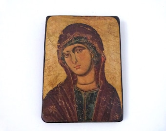 Antica icona religiosa ortodossa raffigurante la Madonna della Santa Vergine Maria su legno, decorazione murale religiosa ortodossa devozionale, regalo per la chiesa.