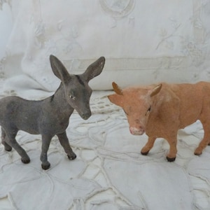 Âne floqué des années 1900 + vache crèche de Noël crèche de Noël antique Français Devineau figurine santon, décoration de maison de vacances d'arbre de Noël