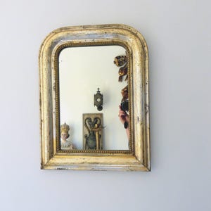 Antique French wooden w mercury mirror 1800s Louis Philippe gilded w silver leaf decorative wall mantle mirror wall hanging home decor frame