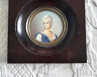 Retrato en miniatura francés antiguo, retrato victoriano en miniatura con marco de madera, decoración de tocador de María Antonieta francesa de principios del siglo XX