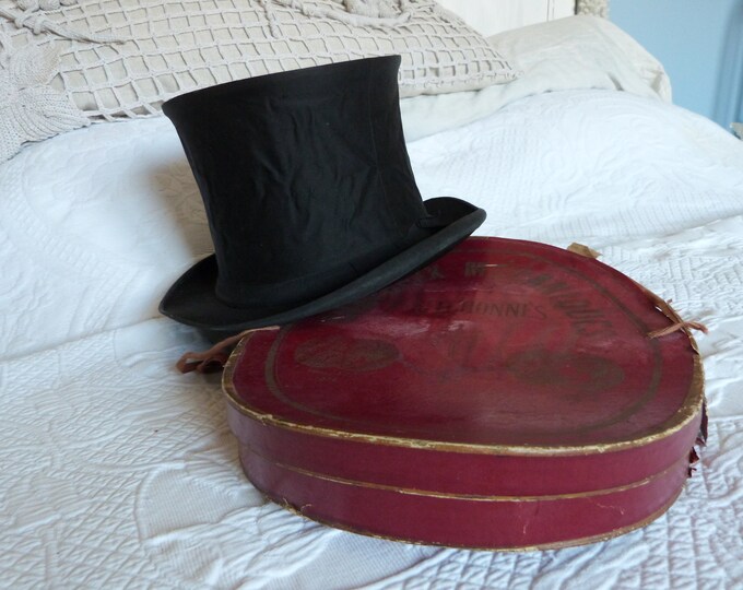 Antique French Silk Collapsible Top Hat Gibus W Hat Box Black Opera