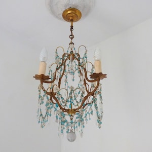 Antique 1900s French crystal prism bronze chandelier lighting fixture ceiling light w blue glass beads lustres, boudoir lamp w drops, ball