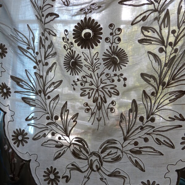 Antique French lace hand embroidered arts and crafts muslin whitework, white intricate embroidery, curtain panel or linen textile projects