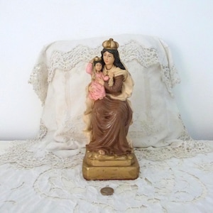Duża figura Matki Boskiej Dziewicy Madonny z Dzieciątkiem Jezus Chrystus zabytkowa francuska religijna figura naszej Pani, gipsowa rzeźba prezent