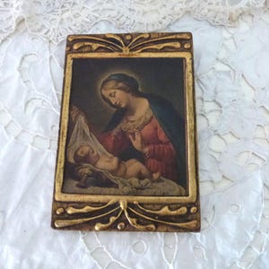 Vintage Florentine frame madonna of the veil and infant child Jesus Christ icon gilded wooden religious devotional frame art catholic gift