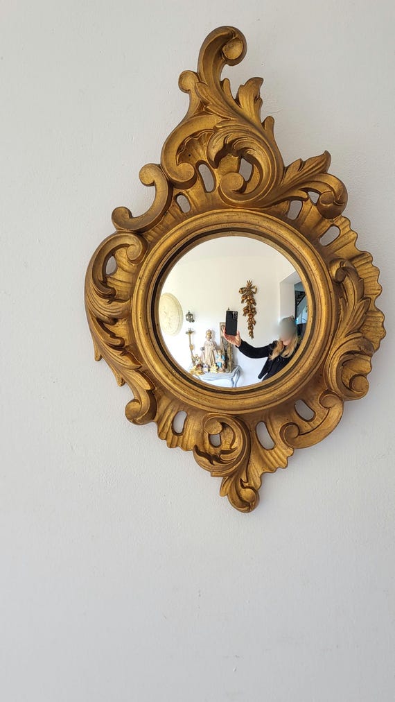 Small Vintage French 1950s Gilded Resin Convex Dome Mirror Boudoir