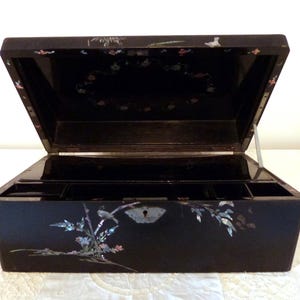 Antique Asian writing slope 1800s laquered wooden box w mother of pearl inlay w peacock, floral design, writing pad traveling desk,