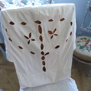 Antique French romantic chair slipcover, handmade white openworked and embroidered lace dining chair slip cover, country cottage linens