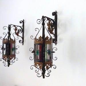 Pair Antique French leaded glass lanterns chandeliers lighting hanging ceiling light lamps w iron brackets, farmhouse country home decor
