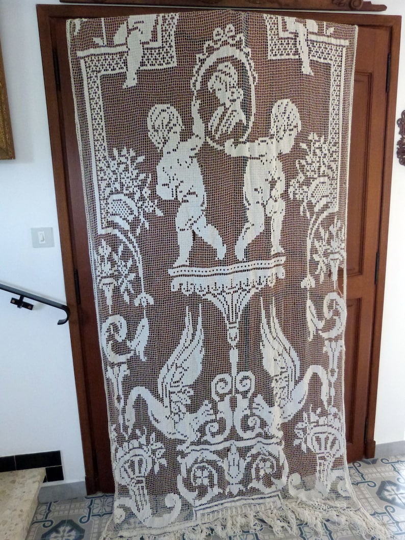 Antike Französische Filet Spitze Fenster Vorhang Drapieren