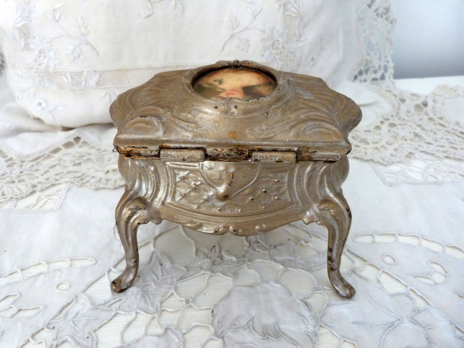 Antique French Floral Spelter Jewelry Trinket Box W Print of Etsy