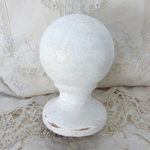 Salvaged architectural wooden white chipped paint staircase ball finial newel post finial stair, French architecture salvage stairs topper