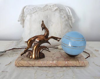 Antique 1920s art deco French desk table lamp w deer statue on marble, RARE artdeco lighting bedside table lamp w blue glass lamp shade