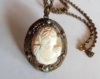 Antique French carved shell cameo necklace w faux pearls, classical lady cameo pendant charm w brass chain necklace 1900s costume accessory