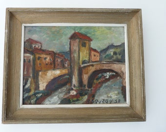 Vintage French signed oil knife painting w bridge pont of Sospel, 1950s wooden European impressionist art painting, signed Sauzay,