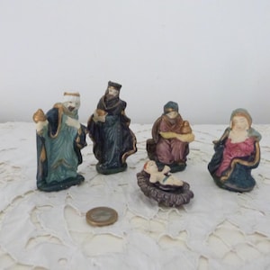 Vintage Christmas nativity creche baby Jesus, Mary, three 3 wisemen magi kings antique French handpainted bisque statues, holiday home decor