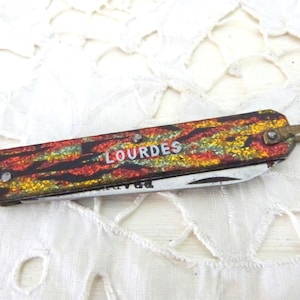 Canivete dobrável vintage francês de Lourdes, canivete de bolso Pradel, item de colecionador, presente religioso devocional.