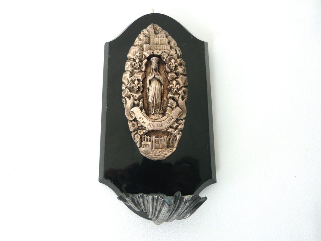 Antique Holy Black Marble Water Font W Our Lady of Lourdes Holy Virgin ...