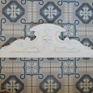 Large Antique French pediment, white washed handcarved wooden architectural salvaged hanging canopy, floral fronton for architecture decor