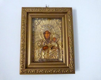 Vintage orthodox icon 1900s religious Polish icon of Madonna and child icon w embossed metal in gilded wooden frame, religious art relic