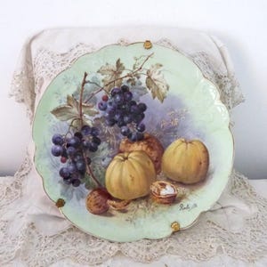Antique French Limoges decorative plate dish, rare LARGE signed hand painted plate w fruit decor gilded design, tableware table ware