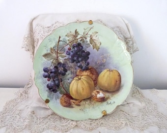 Antique French decorative plate from Limoges, large hand-painted plate, signed rare plate w gilded border, fruit decoration, tableware gift