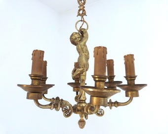 Lámpara de araña colgante francesa antigua con figura de ángel querubín putti, lámpara de techo colgante con figura de ángel putti, decoración para el hogar o el tocador.