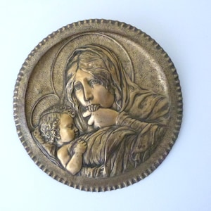XL Vintage French religious embossed brass decorative wall plate Holy virgin Mary, the Madonna with child Jesus, religious devotional gift