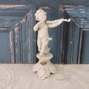Antique signed bisque cherub angel putti playing violin musical sculpture figurine statue, boudoir deco, gift for musician, Benacchio Triade