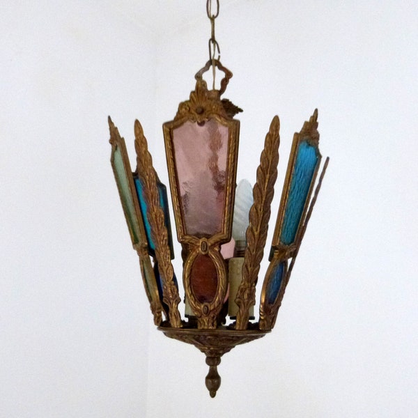 Antique French brass w coloured glass entryway hall lantern chandelier hanging light ceiling light hallway lamp lighting, chic home decor