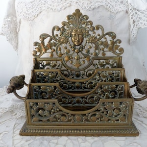 Antique French 1800s bronze letter holder rack w Renaissance decor w lions, floral details, medusa face , French home desk decor writer gift