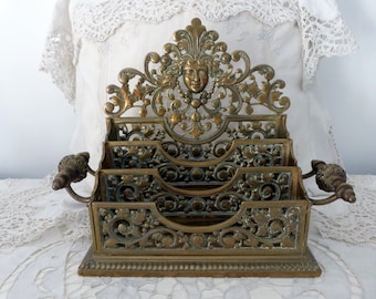 Antique French 1800s bronze letter holder rack w Renaissance decor w lions, floral details, medusa face , French home desk decor writer gift