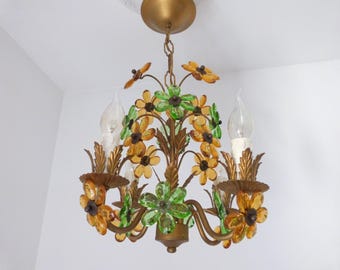 Antique French bronze floral chandelier lamp w green w amber coloured glass flowers, lighting ceiling light fixture, romantic cottage chic