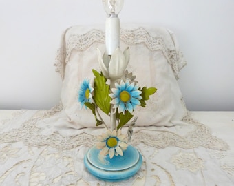 Vintage French blue floral tole bedside table or desk lamp w daisy flowers leaves, toleware lighting fixture home deco light country cottage