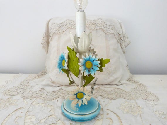 Vintage French blue floral tole bedside table or desk lamp w daisy flowers leaves, toleware lighting fixture home deco light country cottage
