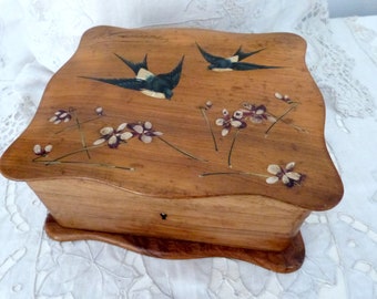Antique French wooden box w hand painted swallow birds, 1900s money trinket jewelry box, red silk padded cushion, souvenir box from CANNES