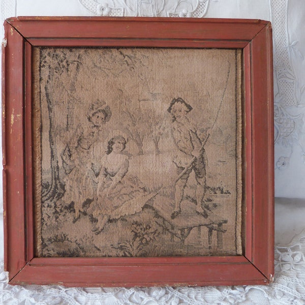 Antique French framed small tapestry wall hanging decor 1900s wall tapestry w elegant scene French boudoir Paris home decor wall tapestries