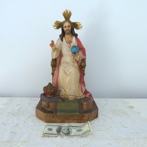 XL Antiga estátua religiosa francesa sagrado coração de Jesus Cristo no trono, halo de metal, gesso pintado à mão com olhos de vidro, madeira, decoração de igreja