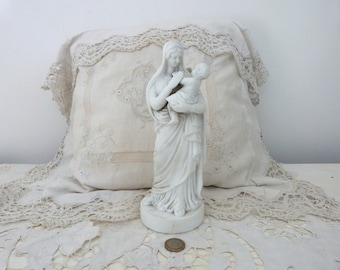 Madonna with infant child Jesus statue Antique French religious white bisque Madonne our Holy mother virgin Mary statue our lady sculpture