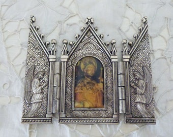 Vintage French metal religious triptych with saint and archangels, foldable travel icon, Catholic devotional triptych gift decoration
