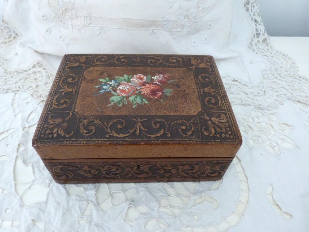 Antique Embossed Leather Wooden Sewing Jewelry Box W Handpainted Roses ...