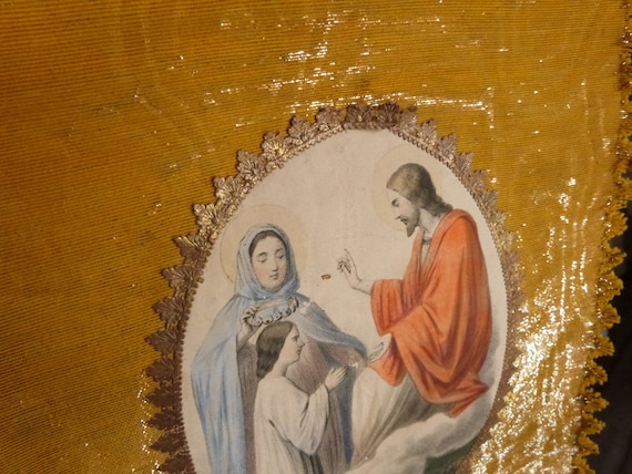 フランスアンティーク 天使に囲まれた聖母マリアと子供キリスト 額装