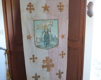 LONG Antique French Jeanne d Arc Joan of Arc religious processional banner w saint Joan, fleur de lis lys, Jesus Maria, angels, wall decor