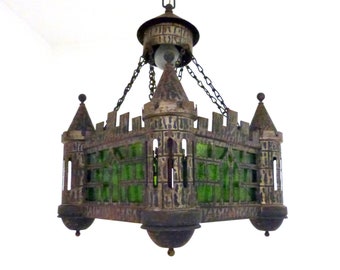 Antique French green leaded glass castle chateau lantern chandelier iron lighting hanging ceiling light lamp, rustic gothic home decor