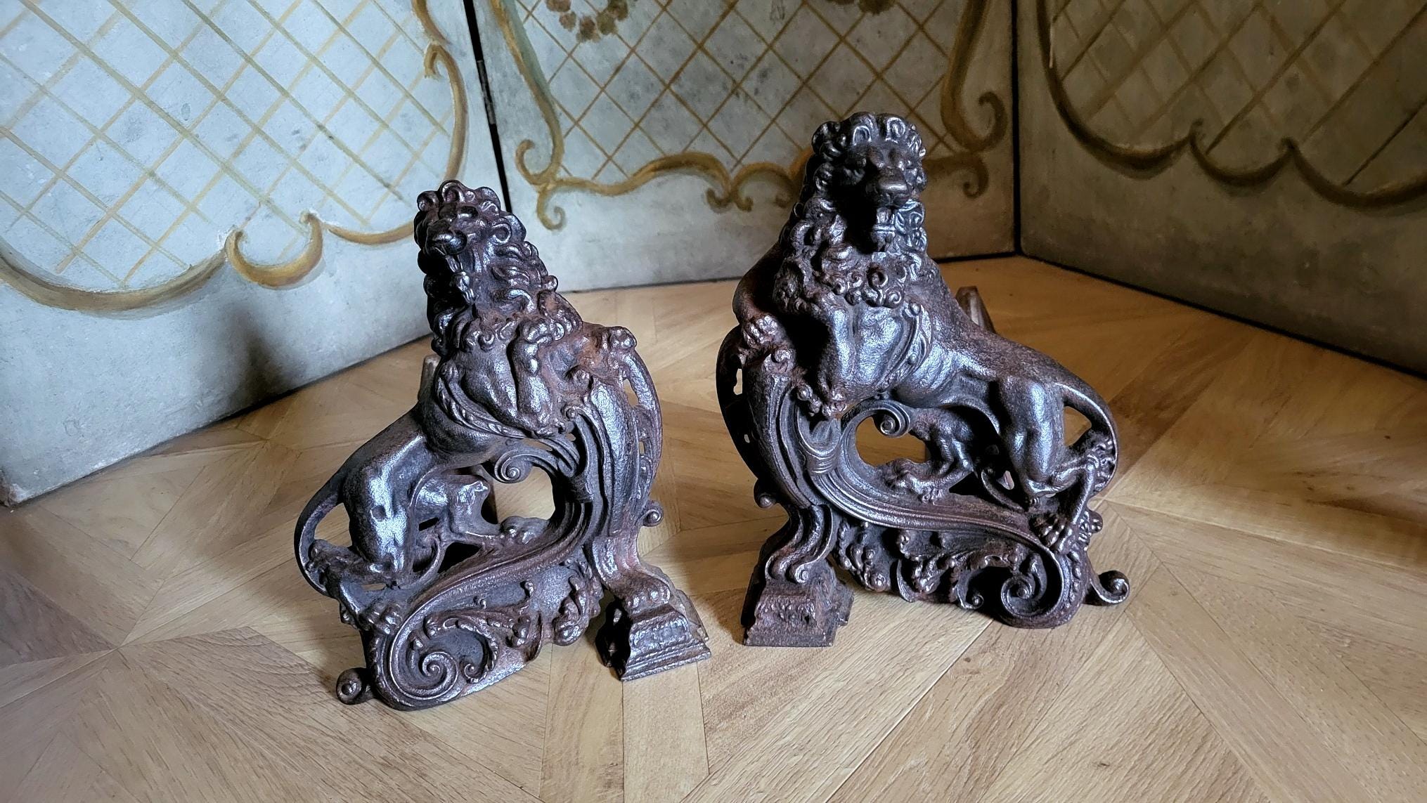 Pair Antique Brass Andirons Fireplace French Louis XV