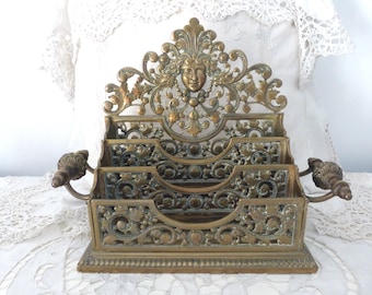 Antique French 1800s bronze letter holder rack w Renaissance decor w lions, floral details, medusa face , French home desk decor writer gift