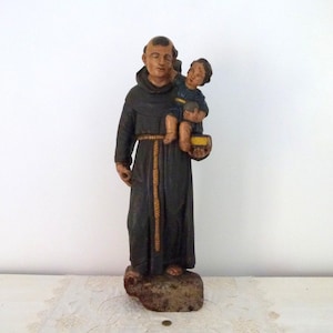 XL French Antique polychrome wooden religious saint Antoine de Padoue Anthony w child infant Jesus statue sculpture 1700s handpainted art