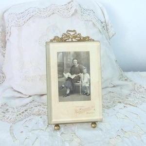 Large antique French ormolu picture frame w ribbon bow design w thick beveled glass 1800s picture photo frame w easel, French home decor